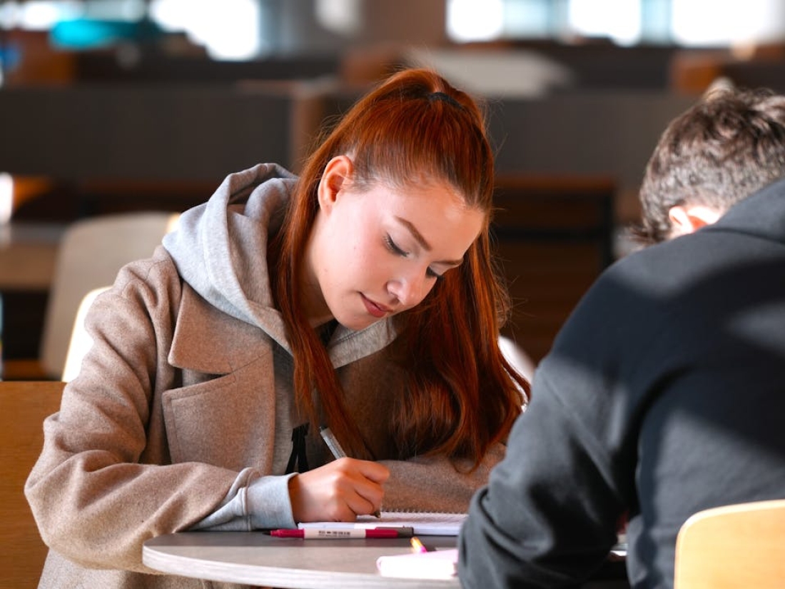 Junge Frau mit roten Haaren schreibt konzentriert in ein Notizbuch in einem Lernraum.